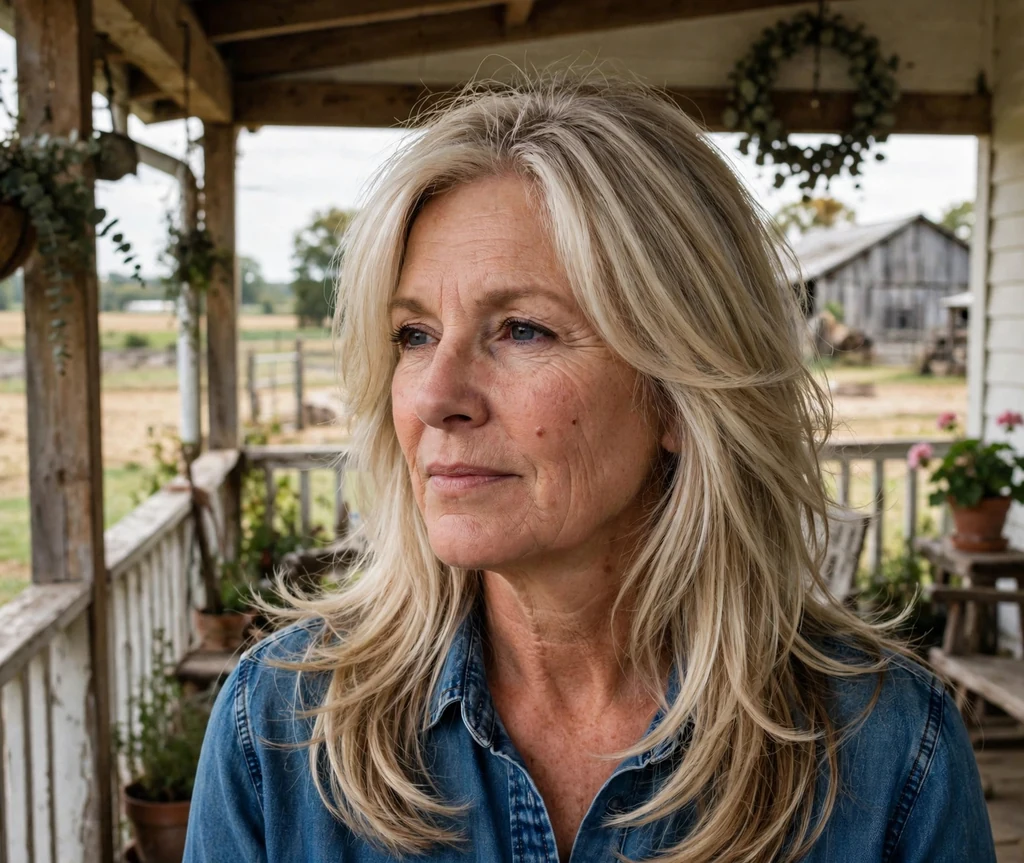 Long layered haircut on an older woman with blonde hair