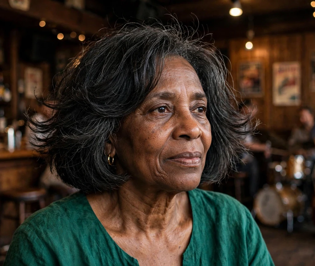 Feathered bob haircut on an older Black woman