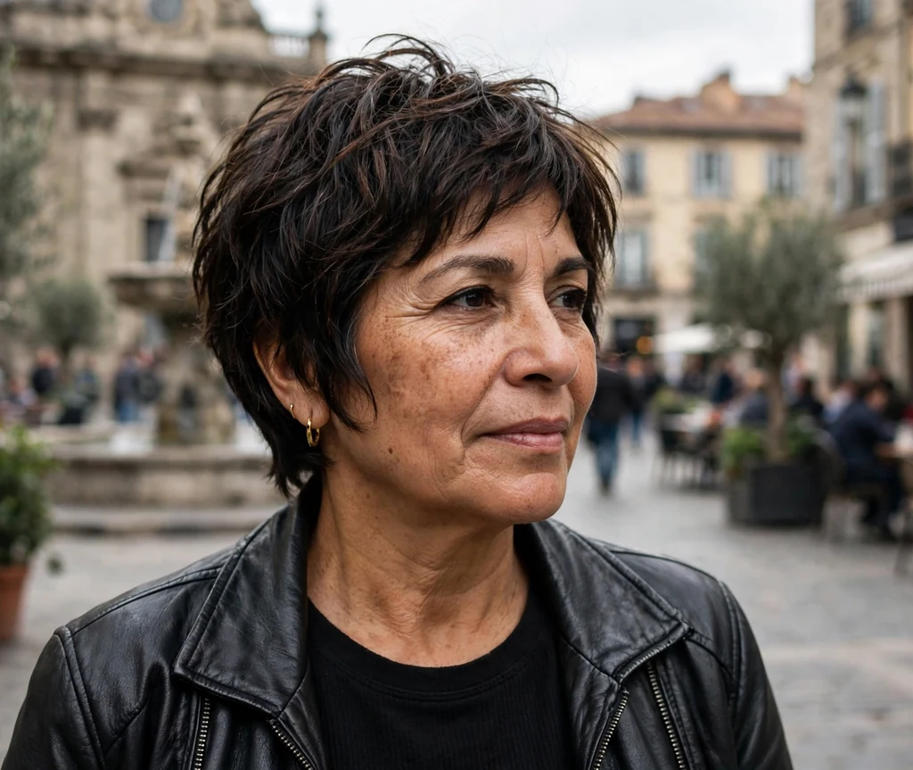 Bixie pixie-bob haircut on an older Latina woman
