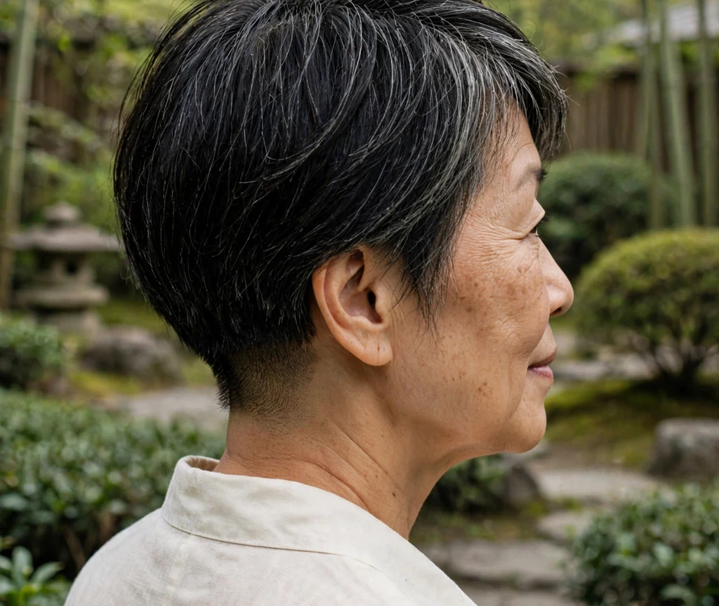 Soft undercut pixie haircut on an older East Asian woman