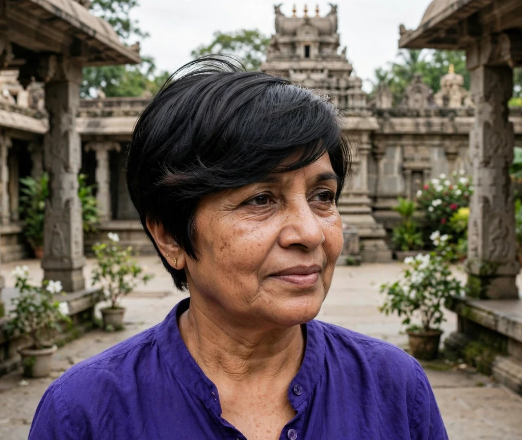 Side-swept pixie haircut on an older South Asian woman