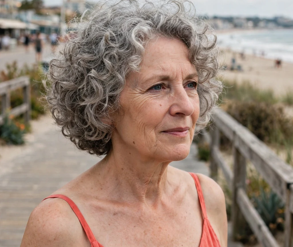 Curly bob haircut on an older woman with gray curls