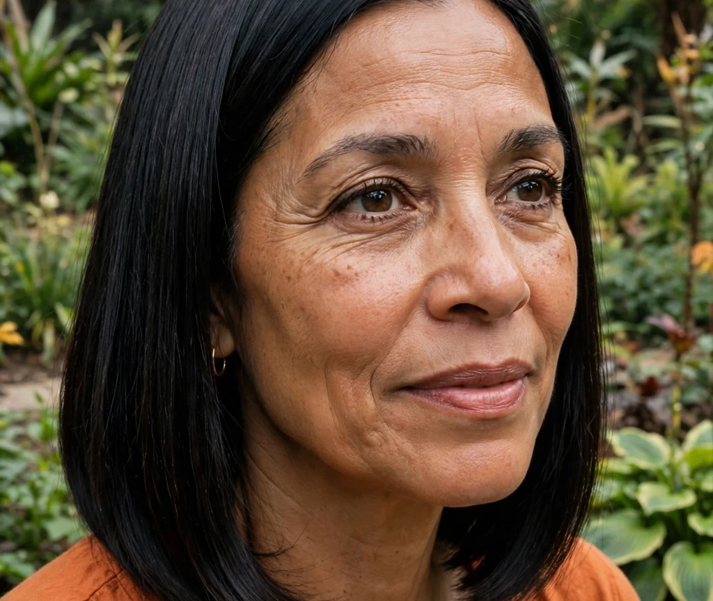 Sleek straight lob haircut on an older mixed-race woman