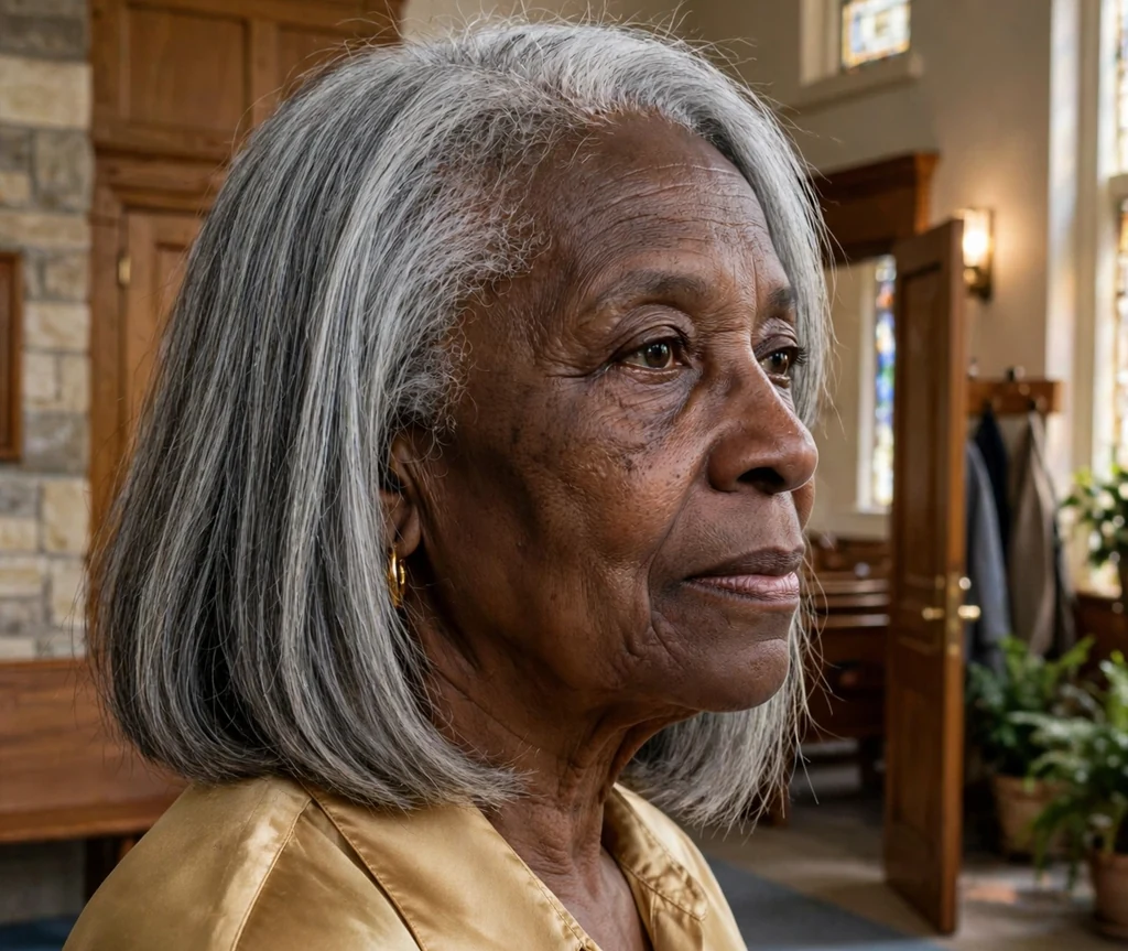 A-line bob haircut on an older Black woman with gray hair
