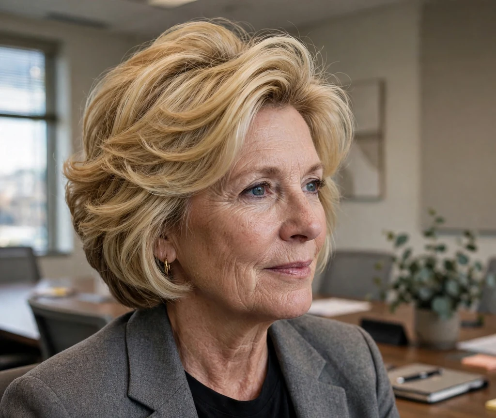 Stacked bob haircut on an older woman with blonde hair