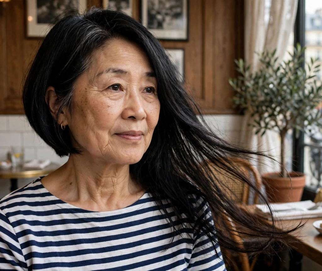 Asymmetric bob haircut on an older East Asian woman