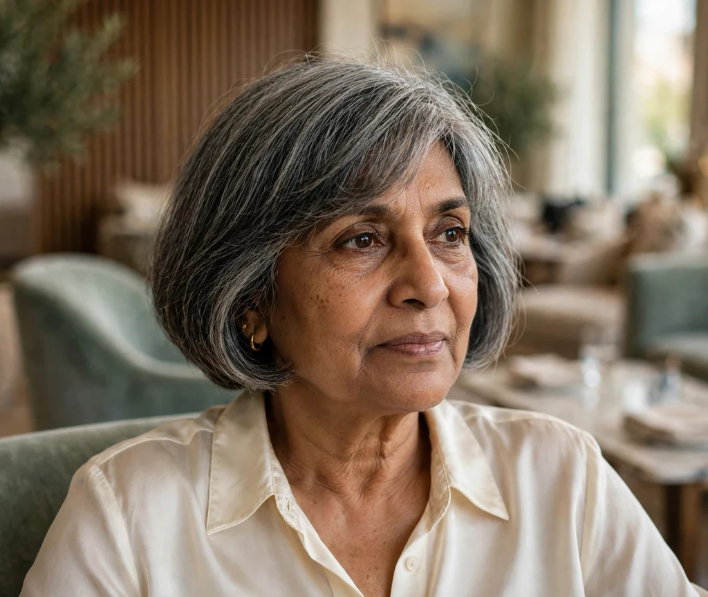 French bob haircut on an older South Asian woman