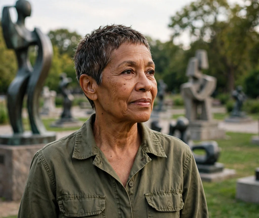 Micro pixie haircut on an older mixed-race woman