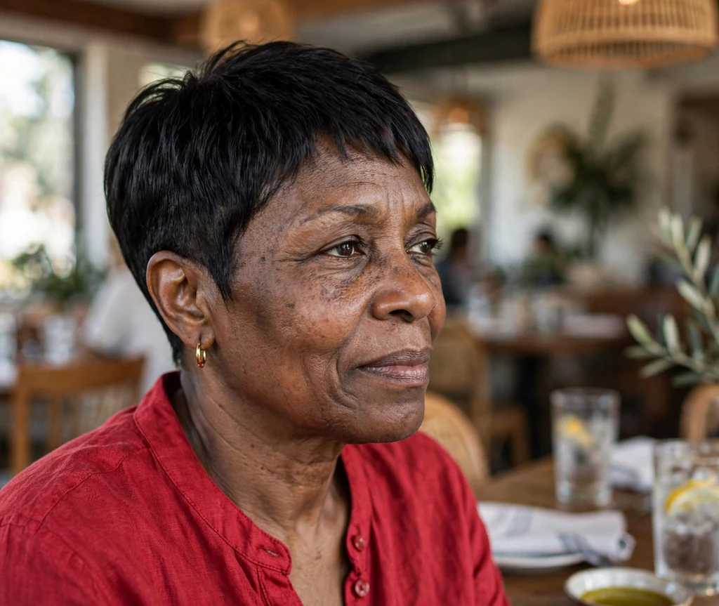 Tapered pixie haircut on an older Black woman