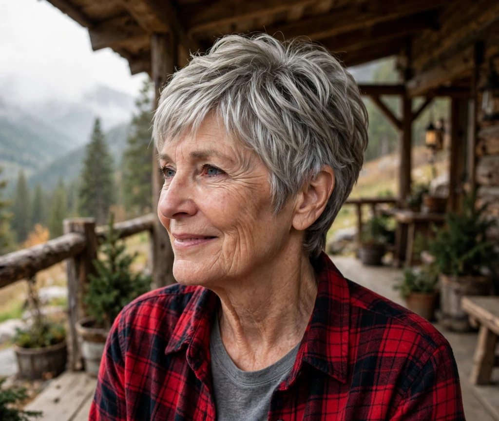 Layered pixie haircut on an older woman with silver hair