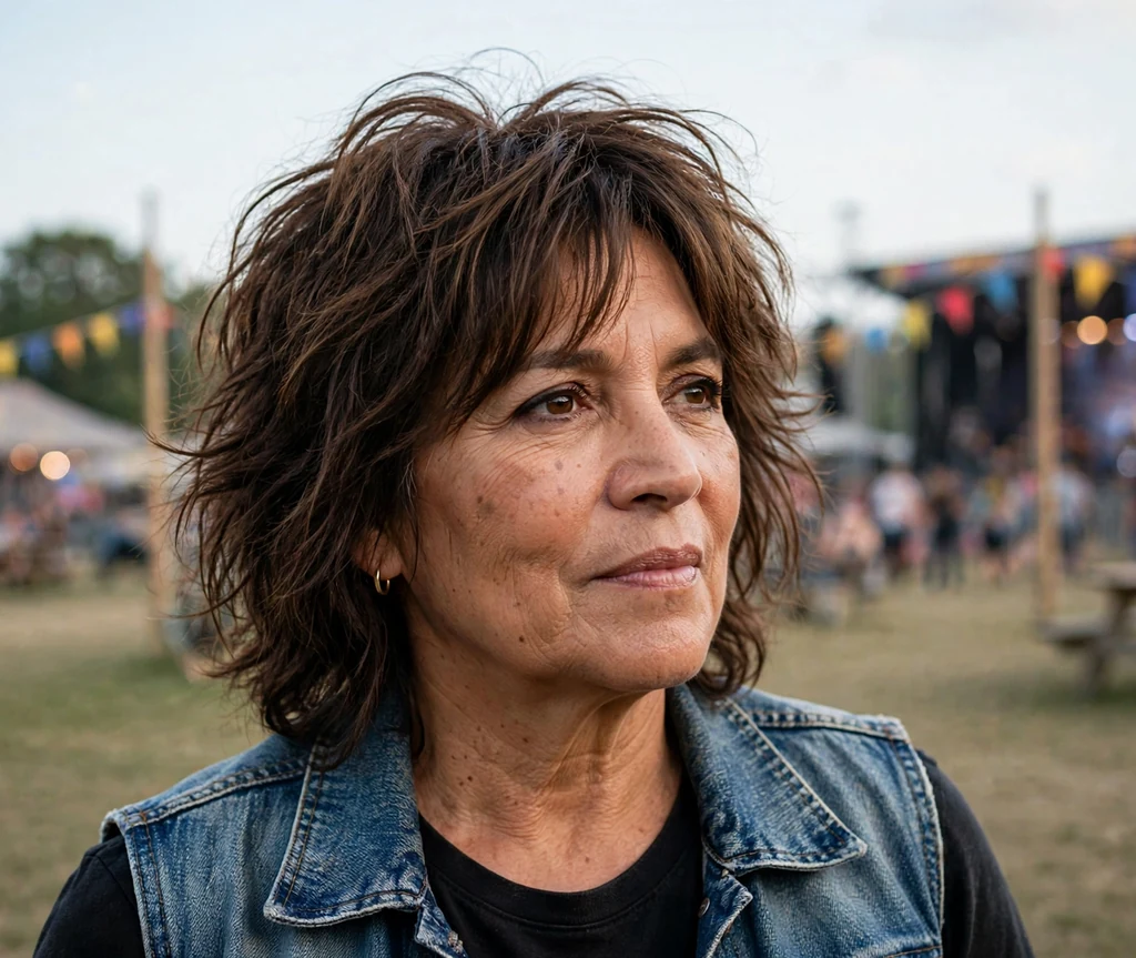 Shaggy lob haircut on an older Latina woman