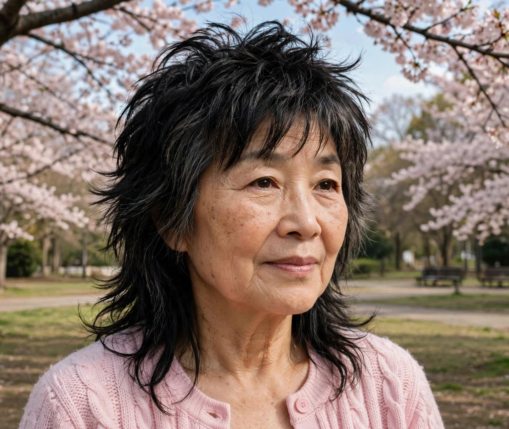 Wolf cut haircut on an older East Asian woman