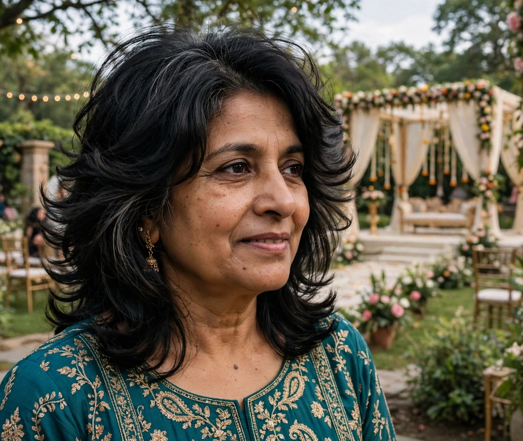 Butterfly haircut on an older South Asian woman