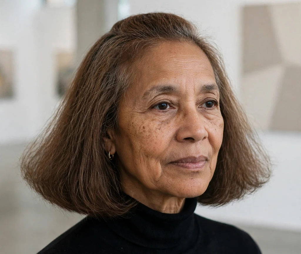 Bottleneck bob haircut on an older mixed-race woman