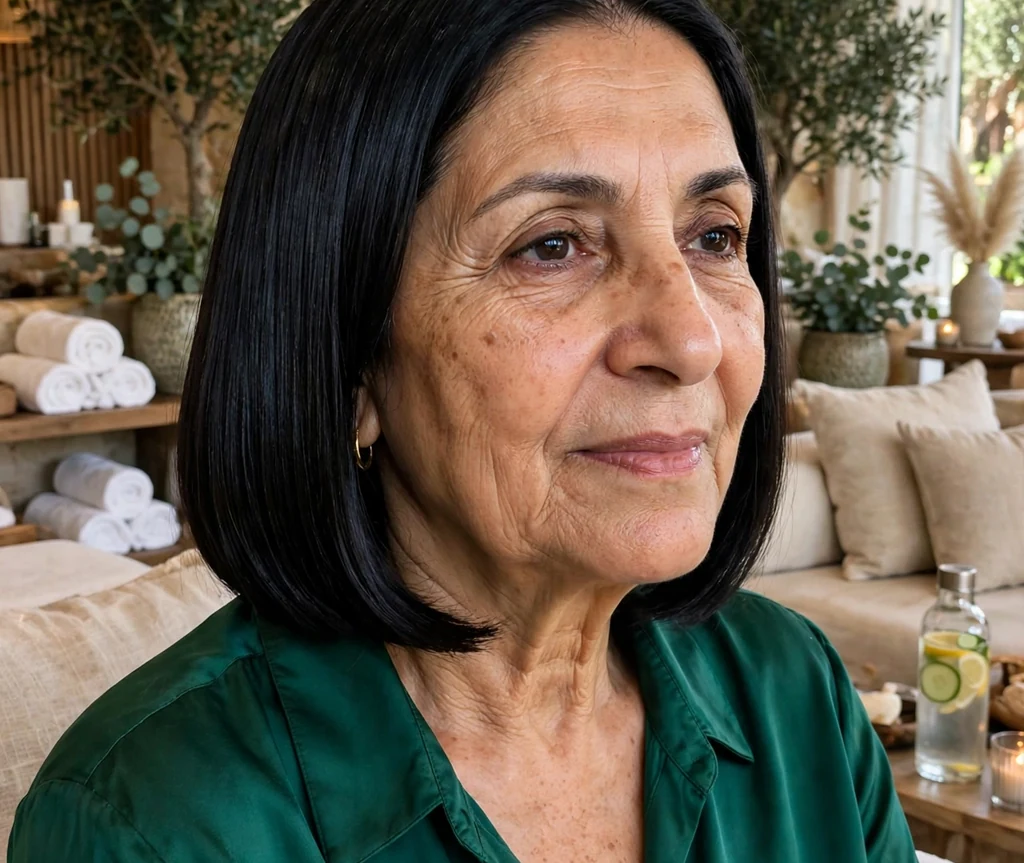 Glass hair bob haircut on an older Middle Eastern woman