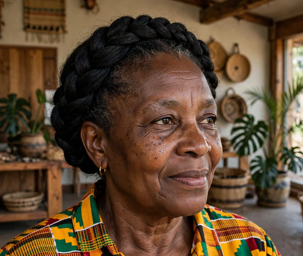 Braided crown updo on an older Black woman