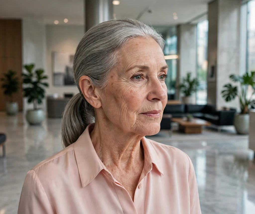 Low sleek ponytail on an older woman with gray hair