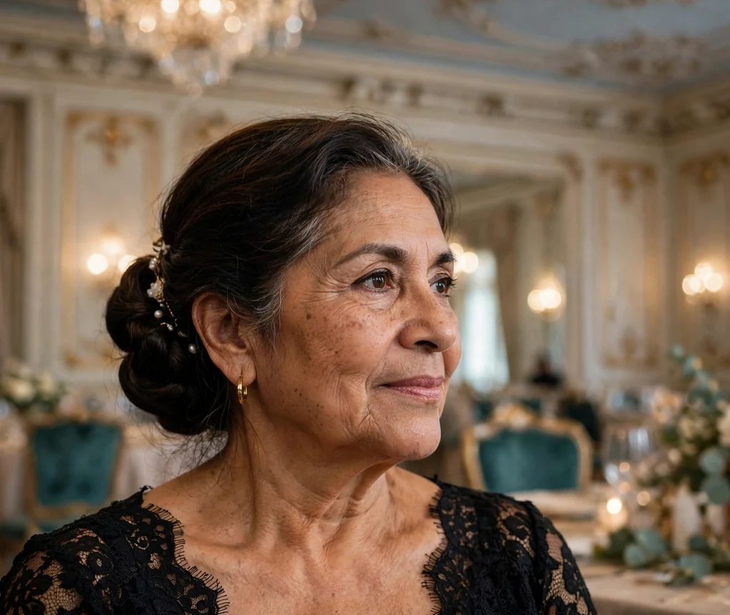 Classic chignon updo on an older Latina woman