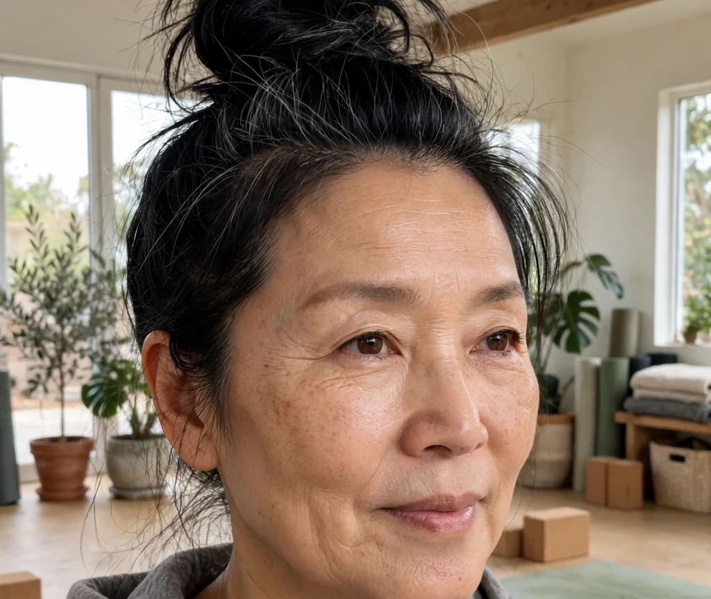 Top knot hairstyle on an older East Asian woman