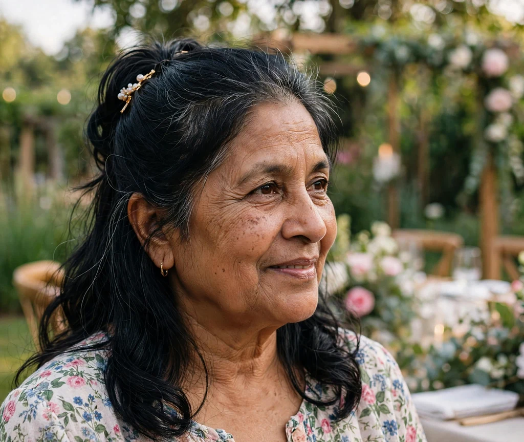 Half-up half-down hairstyle on an older South Asian woman