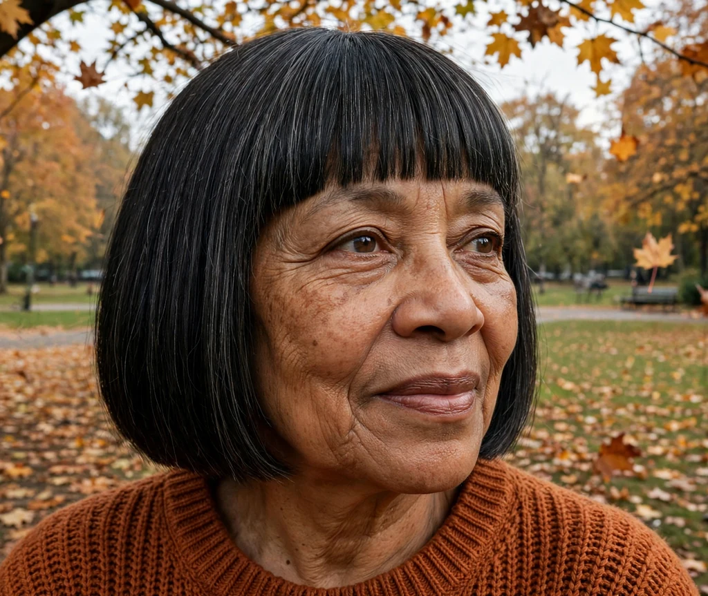 Blunt haircut with bangs on an older mixed-race woman