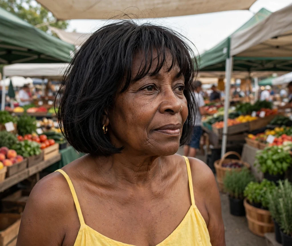 Bob with wispy bangs on an older Black woman