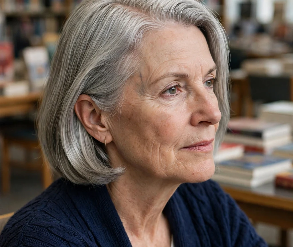 Side-part lob haircut on an older woman with silver hair