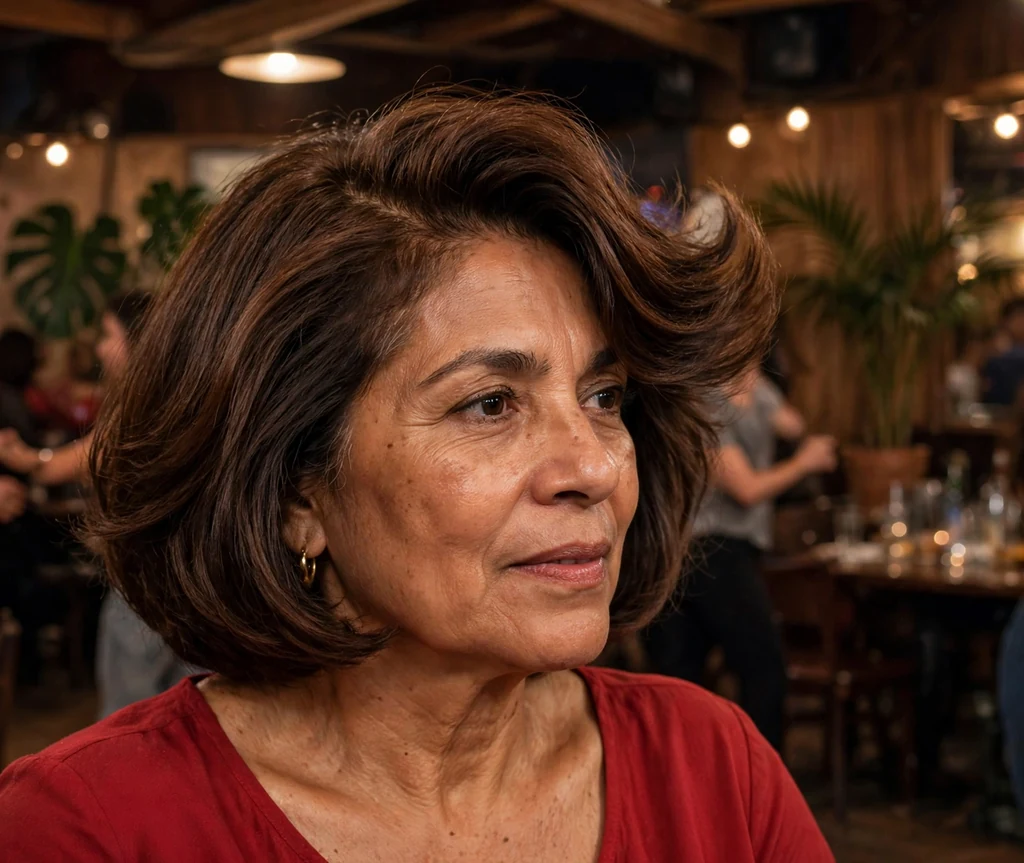 Deep side-part bob haircut on an older Latina woman