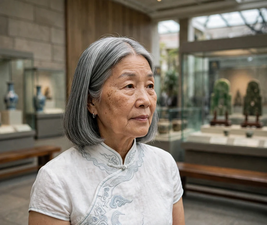 Center-part lob haircut on an older East Asian woman