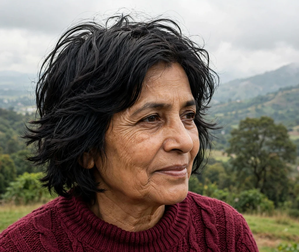 Textured lob haircut on an older South Asian woman