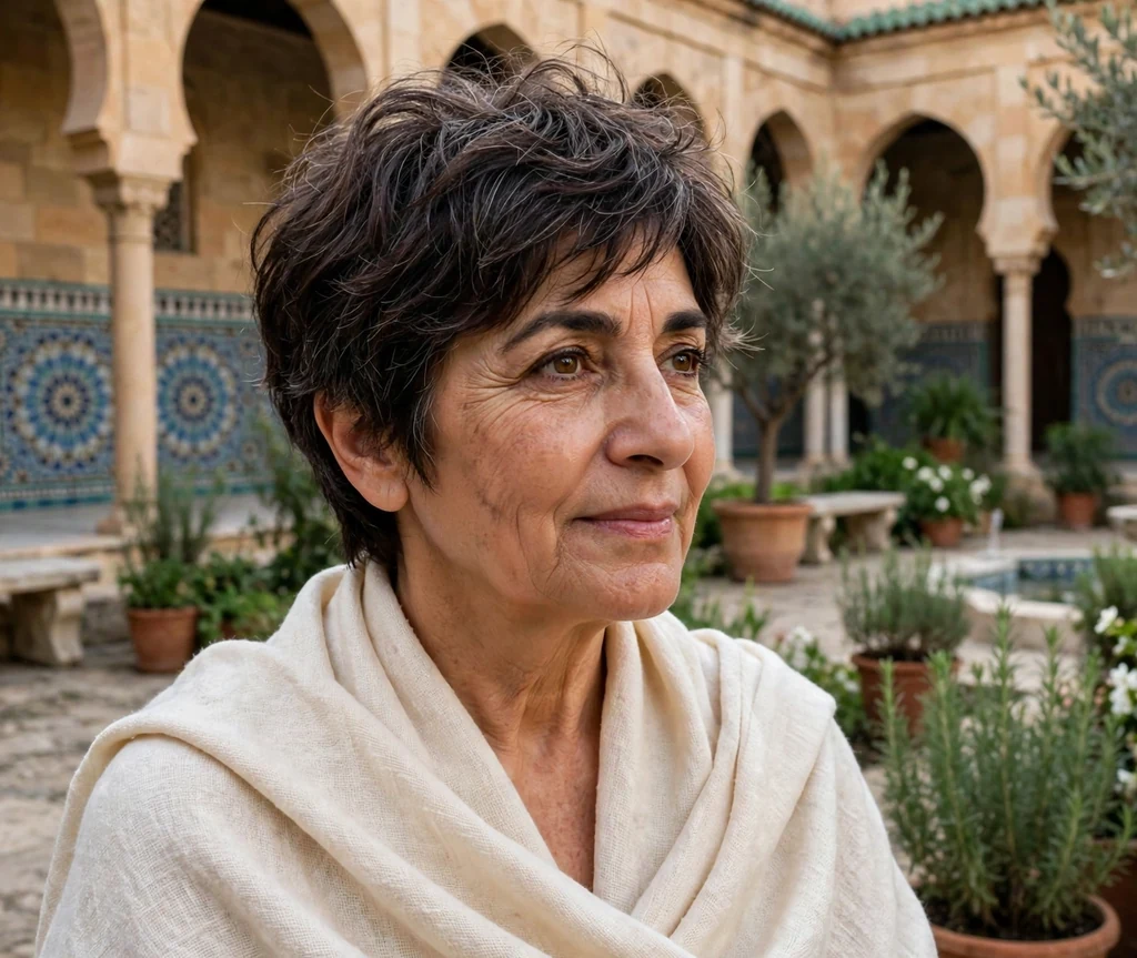 Feathered pixie haircut on an older Middle Eastern woman