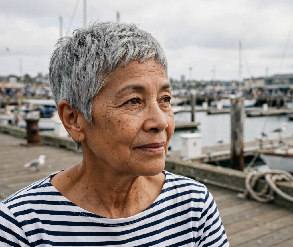 Gamine pixie haircut on an older mixed-race woman with gray hair