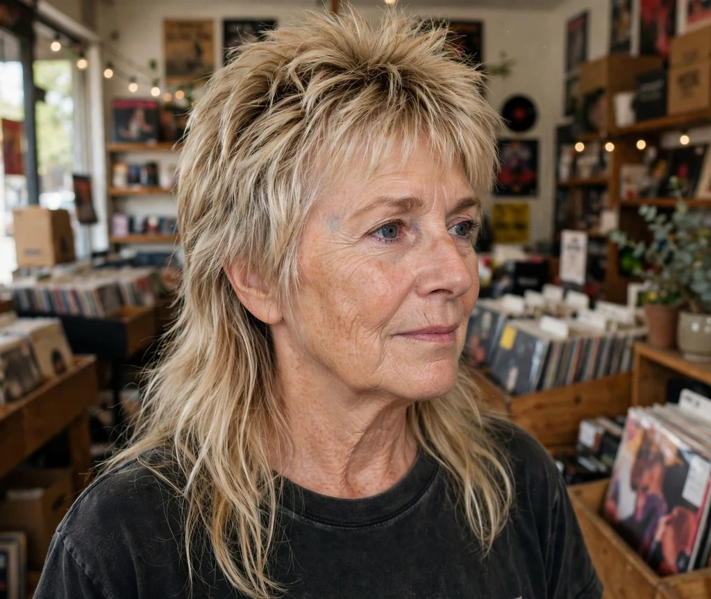 Mullet-inspired shag haircut on an older woman with blonde hair