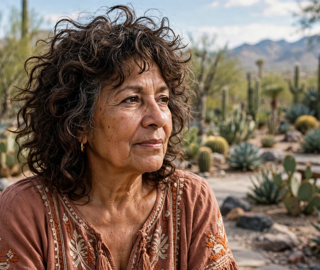 Curly shag haircut on an older Latina woman