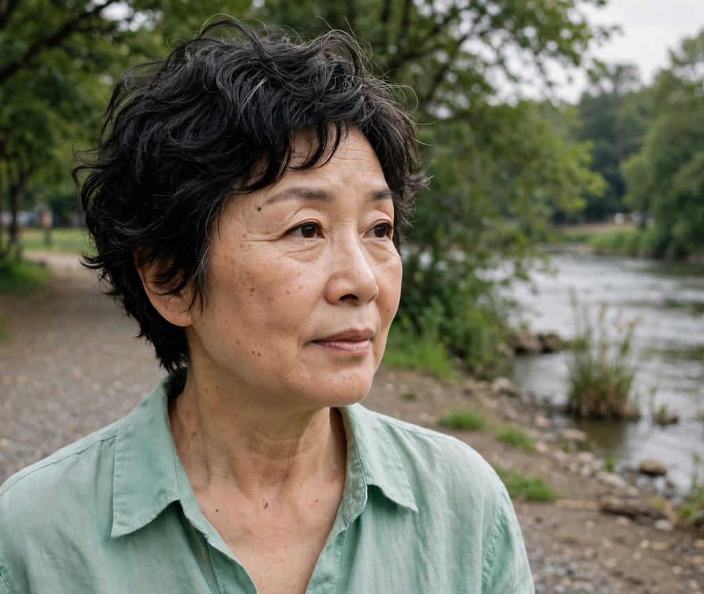 Wavy pixie haircut on an older East Asian woman