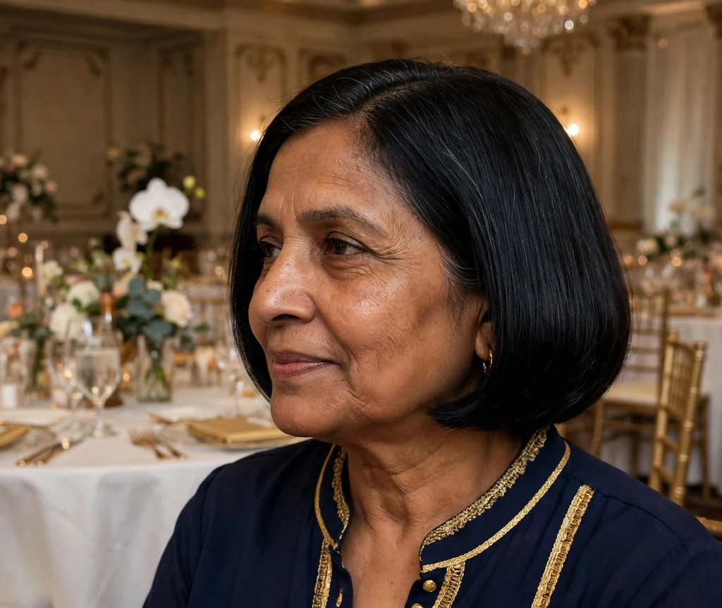 Sleek polished bob haircut on an older South Asian woman