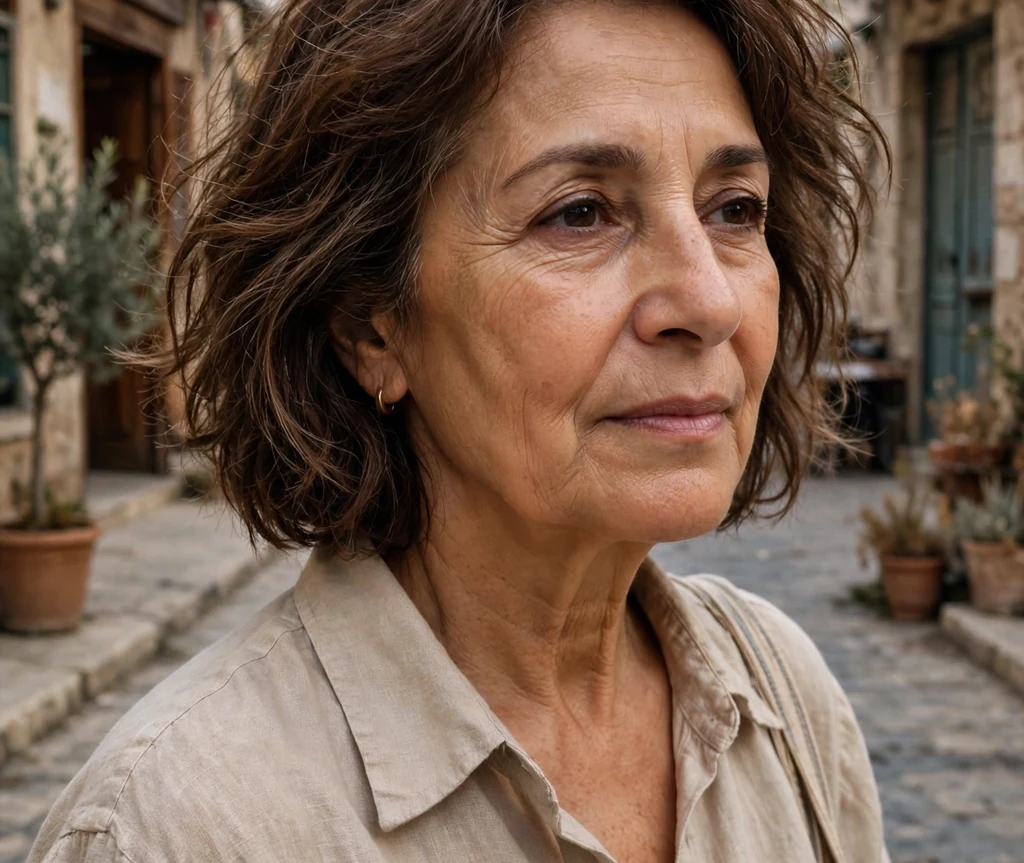 Tousled bob haircut on an older Middle Eastern woman