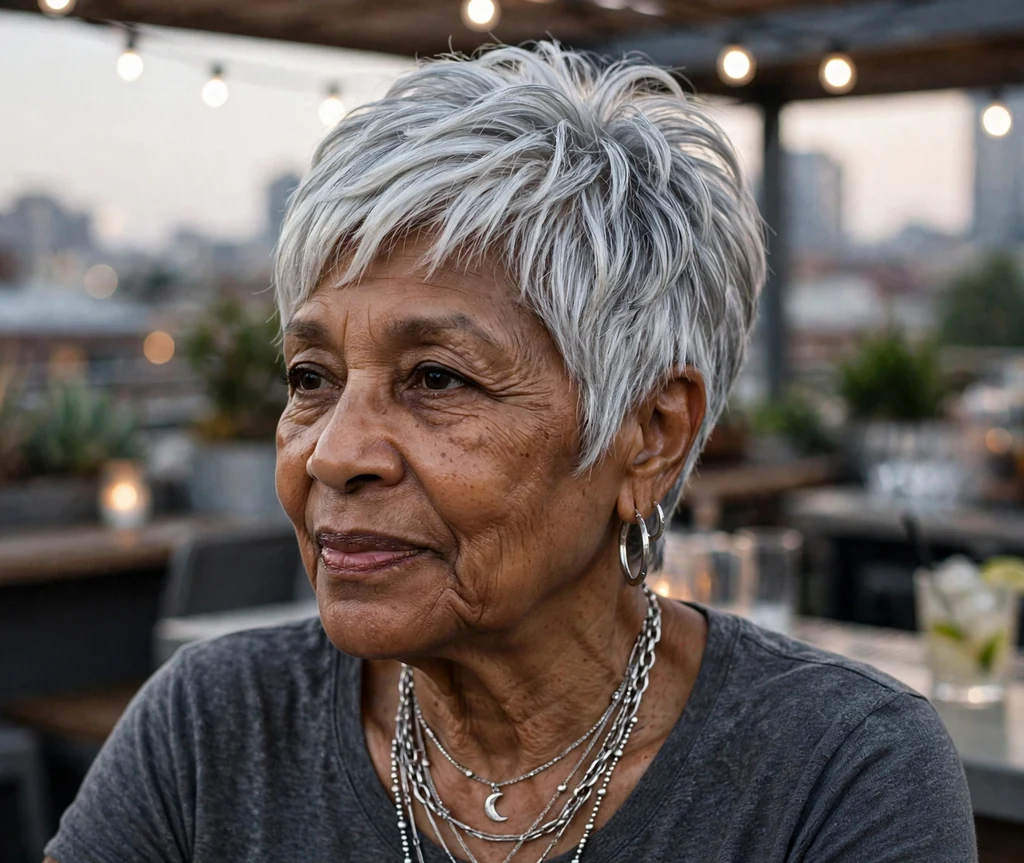 Silver fox pixie haircut on an older mixed-race woman