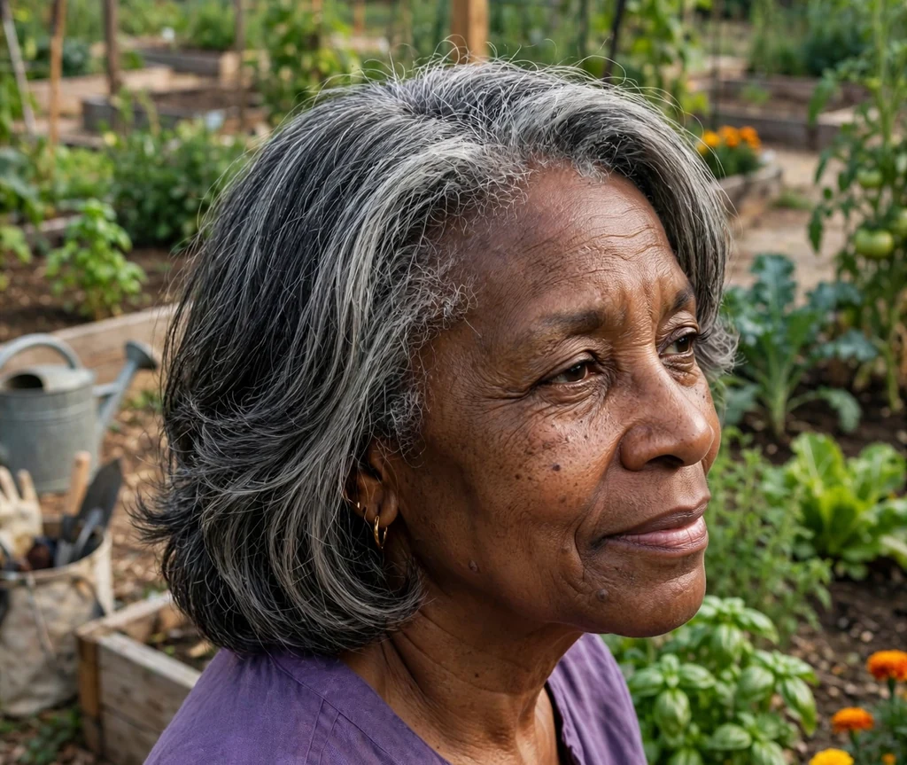 Salt-and-pepper lob haircut on an older Black woman