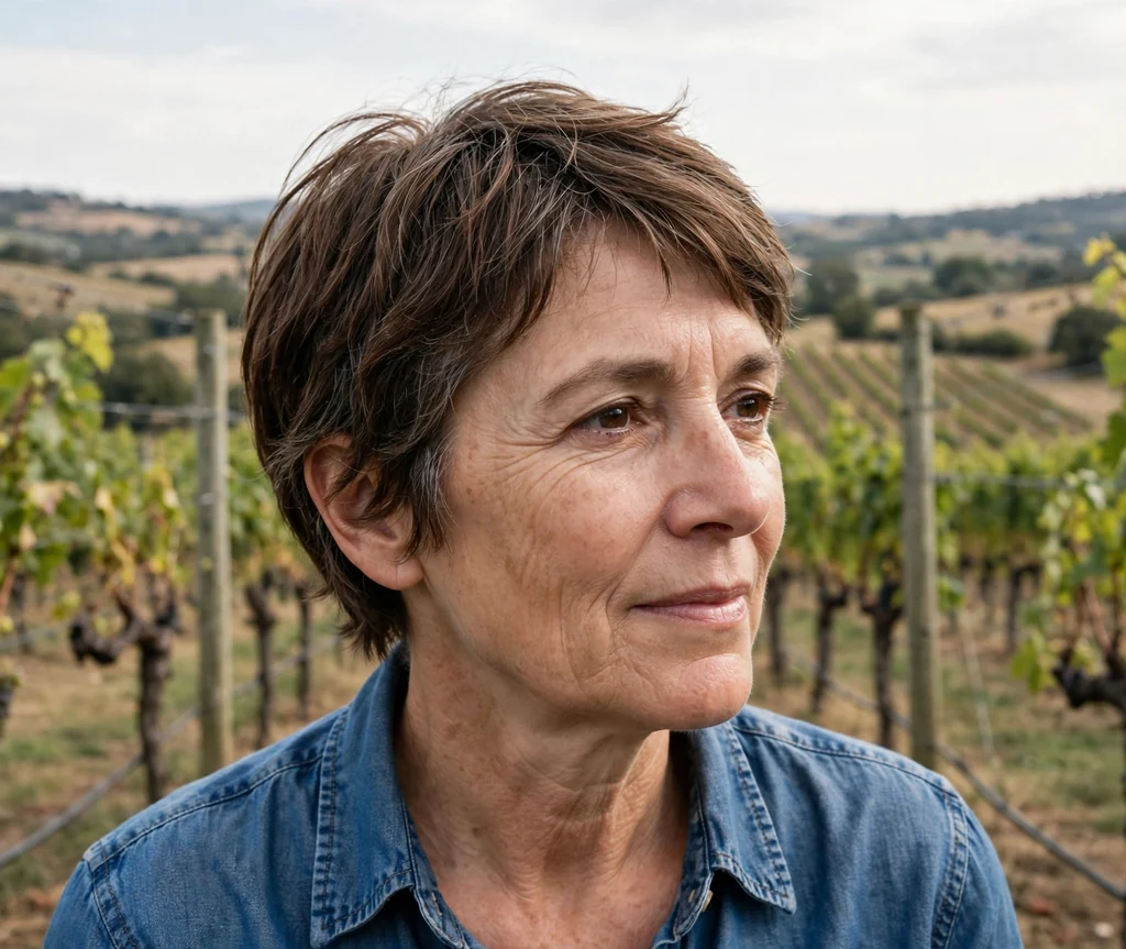 Ear-length pixie haircut on an older woman with brown hair
