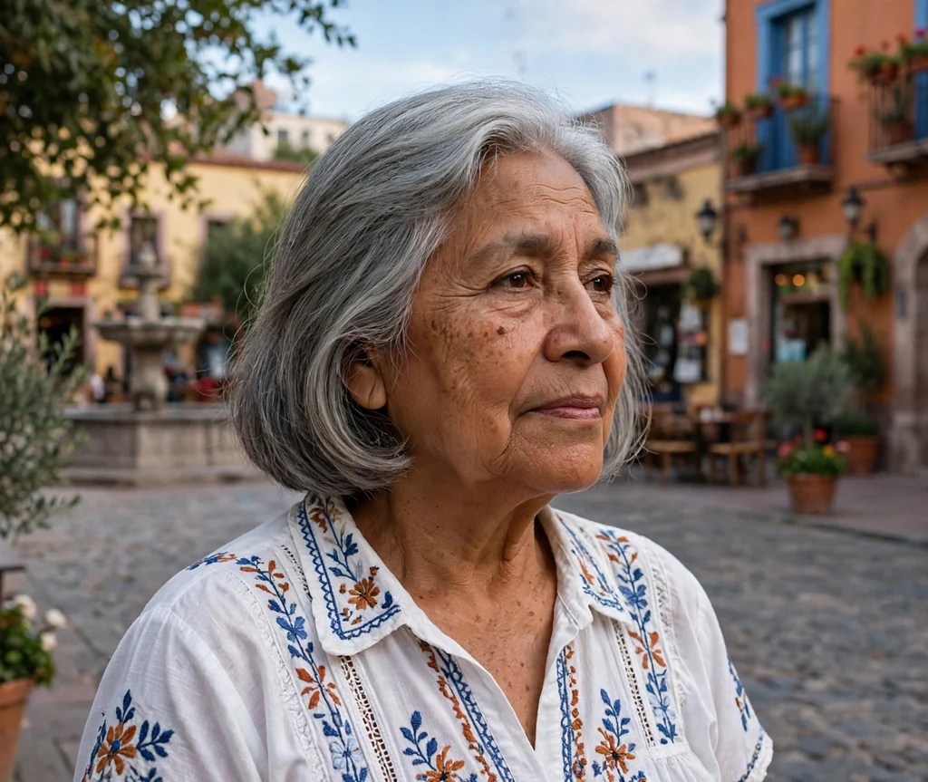 Neck-length bob haircut on an older Latina woman with gray hair