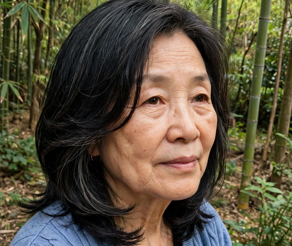 Face-framing layers haircut on an older East Asian woman