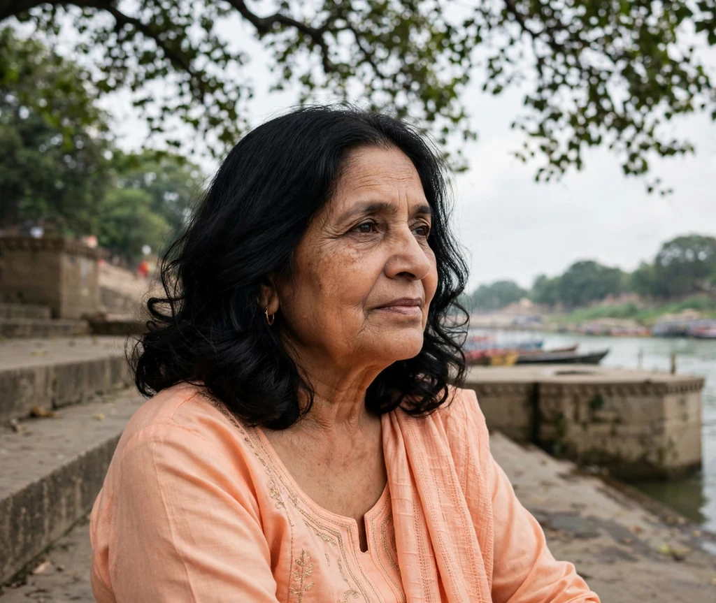 Long bob with soft waves on an older South Asian woman