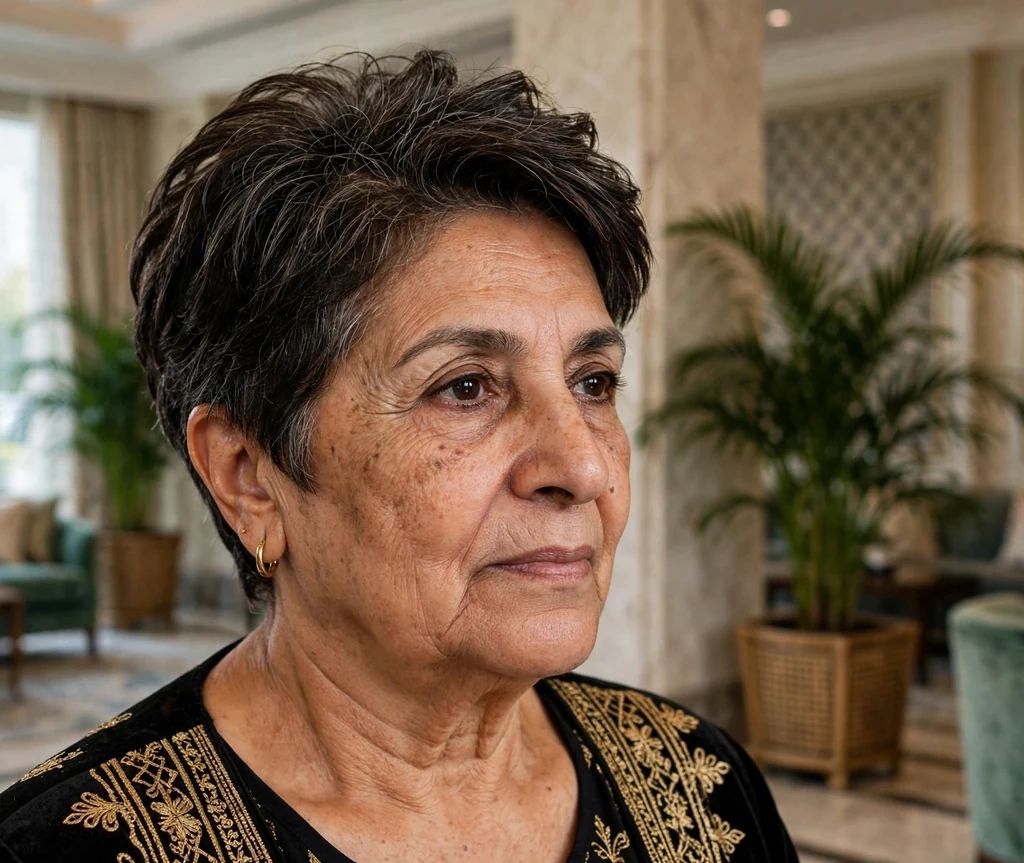 Elegant cropped haircut on an older Middle Eastern woman