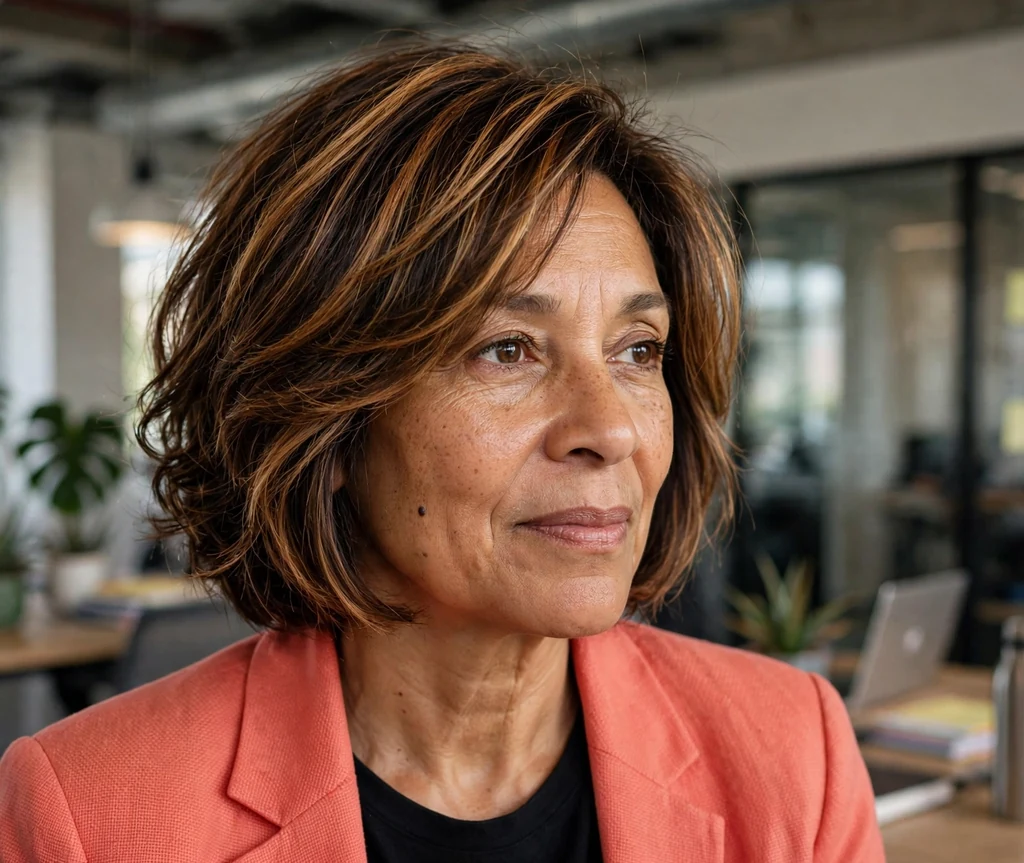 Layered bob with highlights on an older mixed-race woman