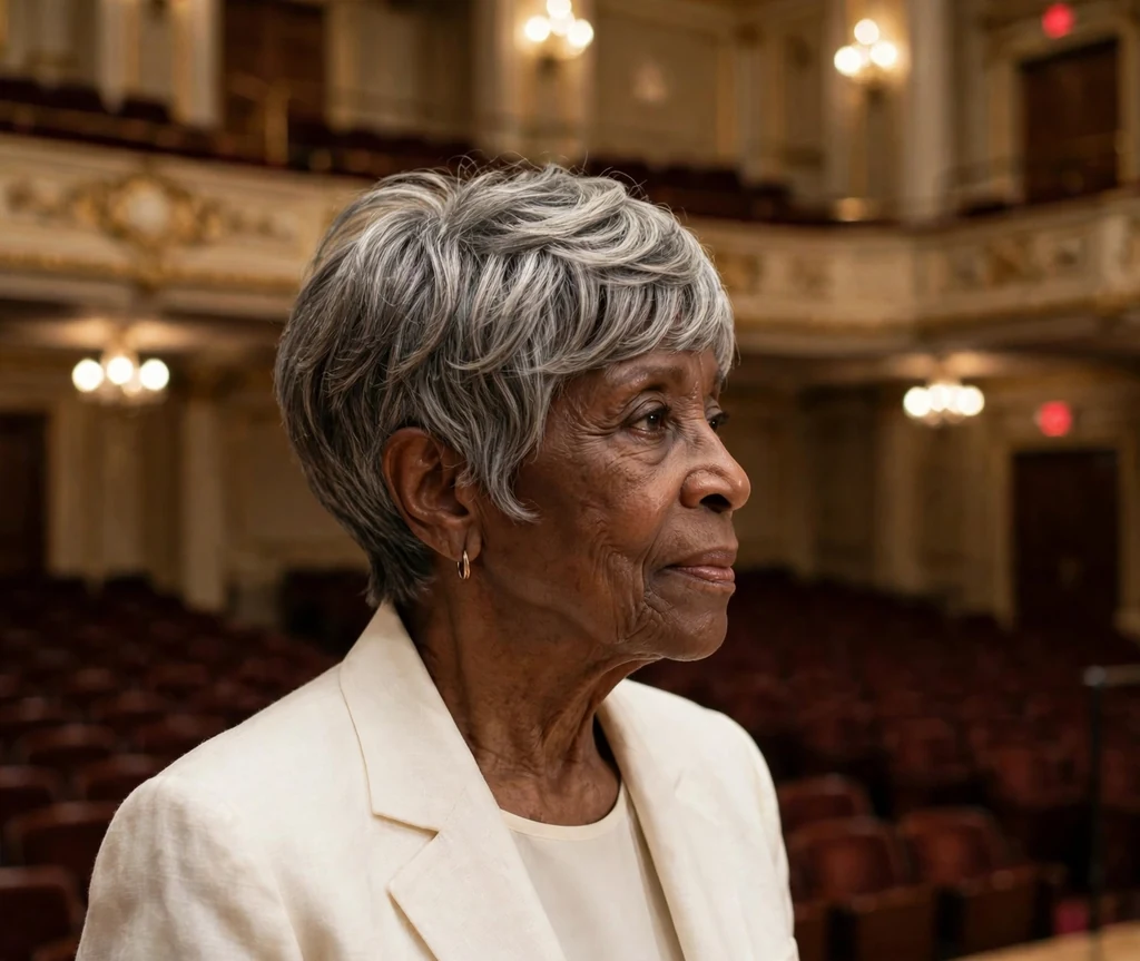 Sophisticated pixie haircut on an older Black woman with gray hair