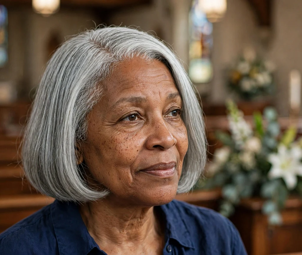 Black woman in her late fifties with a classic silver bob and deep side part wearing a navy blouse at a church event
