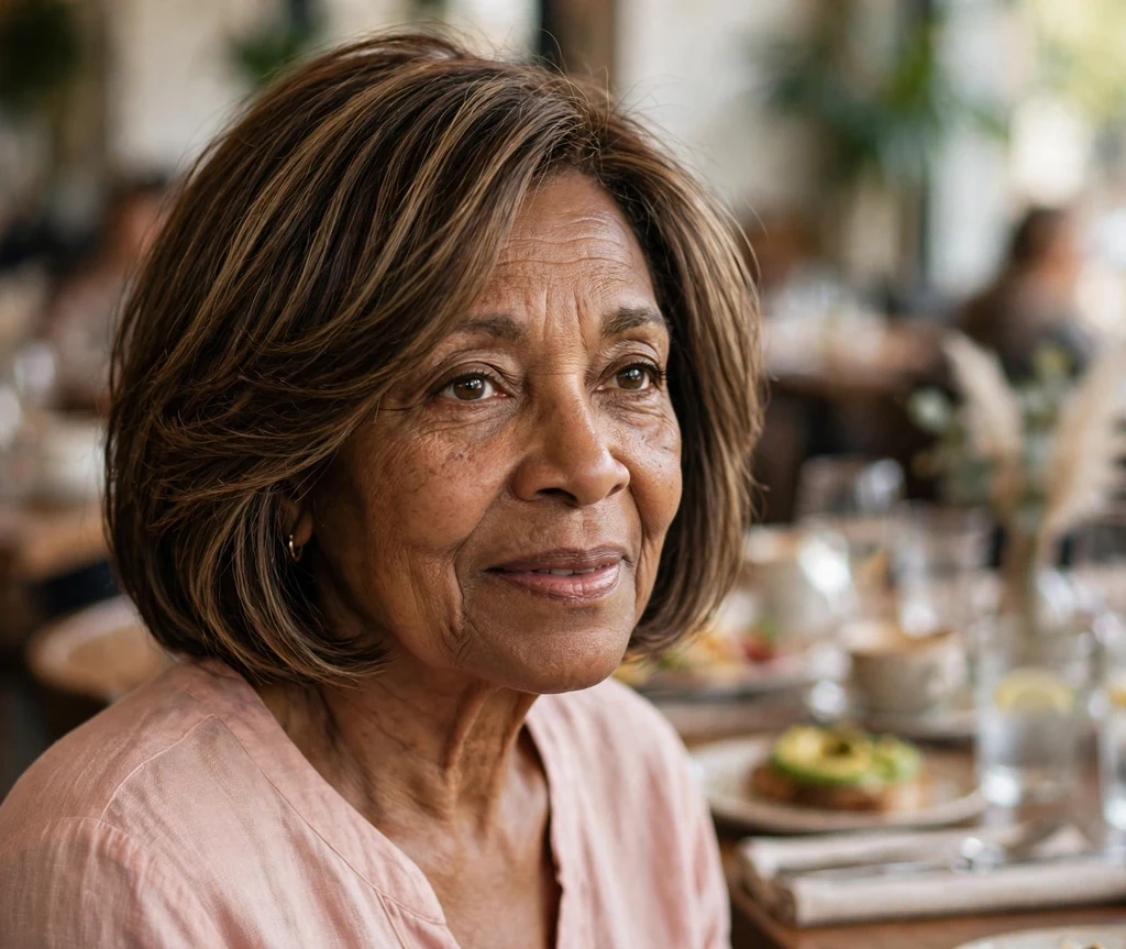 Black woman in her early sixties with an elegant chin-length layered bob at a restaurant brunch
