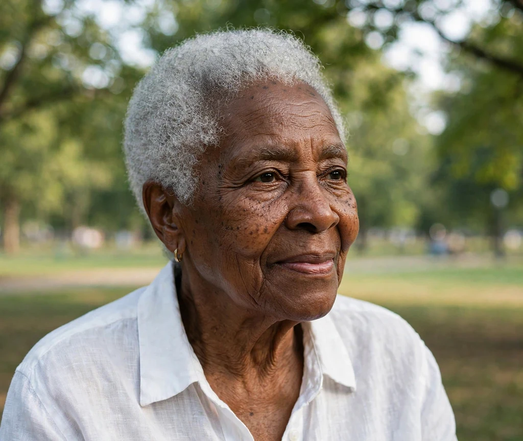 Black woman in her mid-sixties with a graceful silver TWA wearing a white linen shirt in a park
