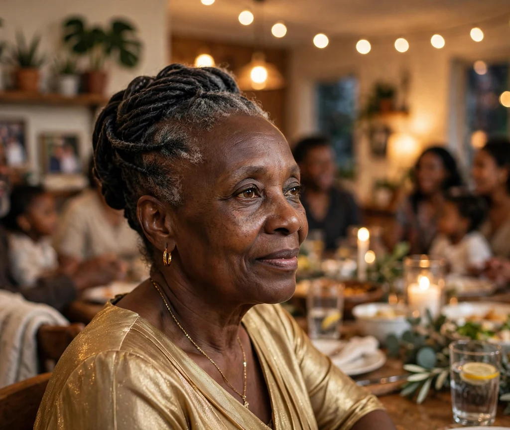 Black woman in her late fifties with a sophisticated flat twist updo wearing a gold dress at a family gathering